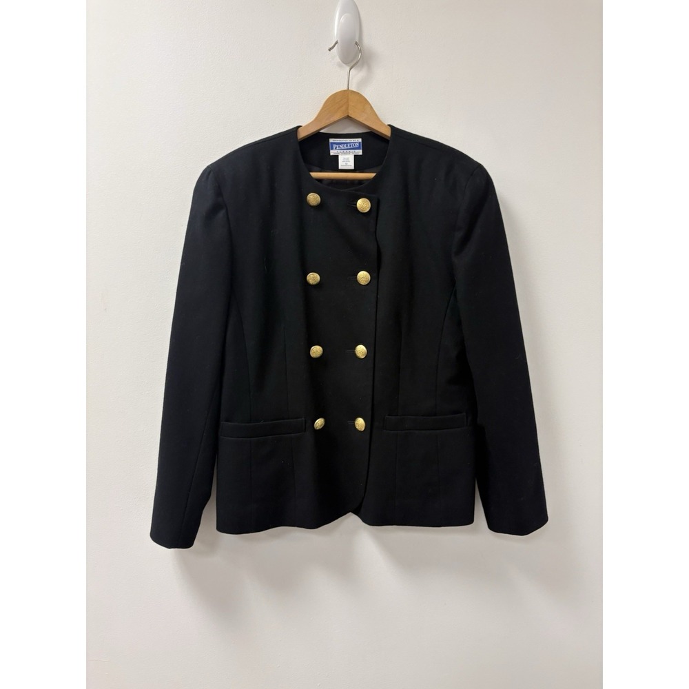 Vintage Pendleton Wool Blazer Black Gold Buttons Classic Military Style Sz 12
